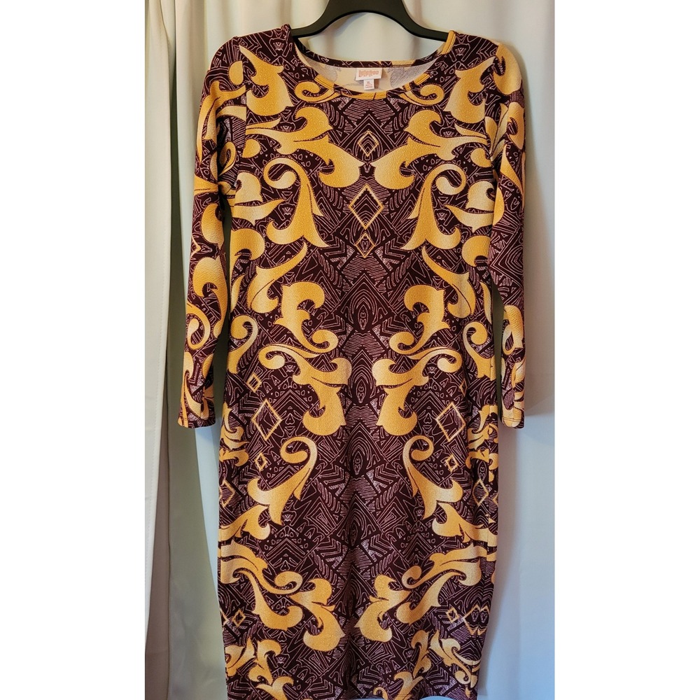 LuLaRoe Elegant Debbie Dress XL Long Sleeve Gold Burgundy Damask Metallic Midi